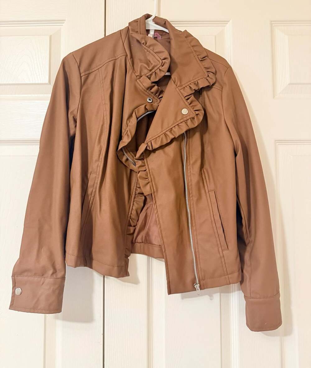 Pink Platinum Moto Jacket Size M Brown Faux Leather Ruffle
